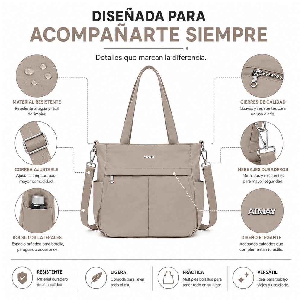 BOLSO PARA MUJER IMPERMEABLE CON GRAN CAPACIDAD Y CORREA AJUSTABLE BEIGE CT2 - 4