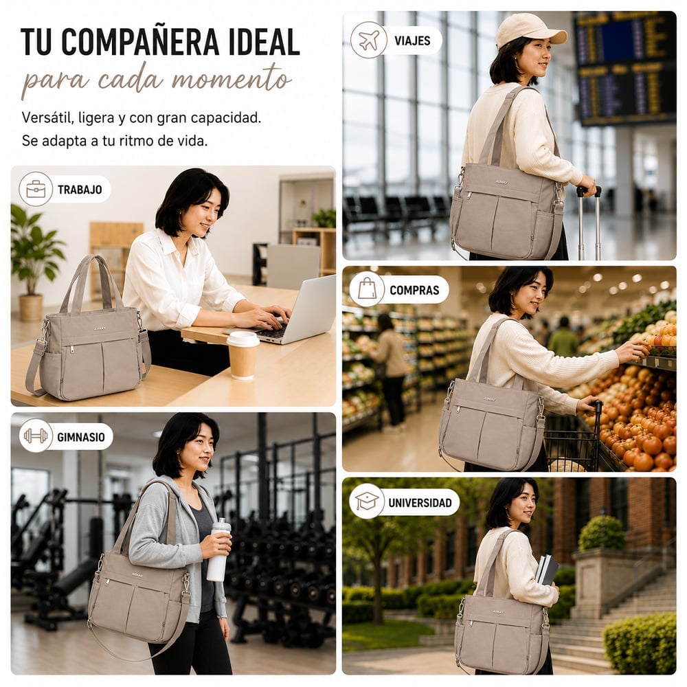 BOLSO PARA MUJER IMPERMEABLE CON GRAN CAPACIDAD Y CORREA AJUSTABLE BEIGE CT2 - 5