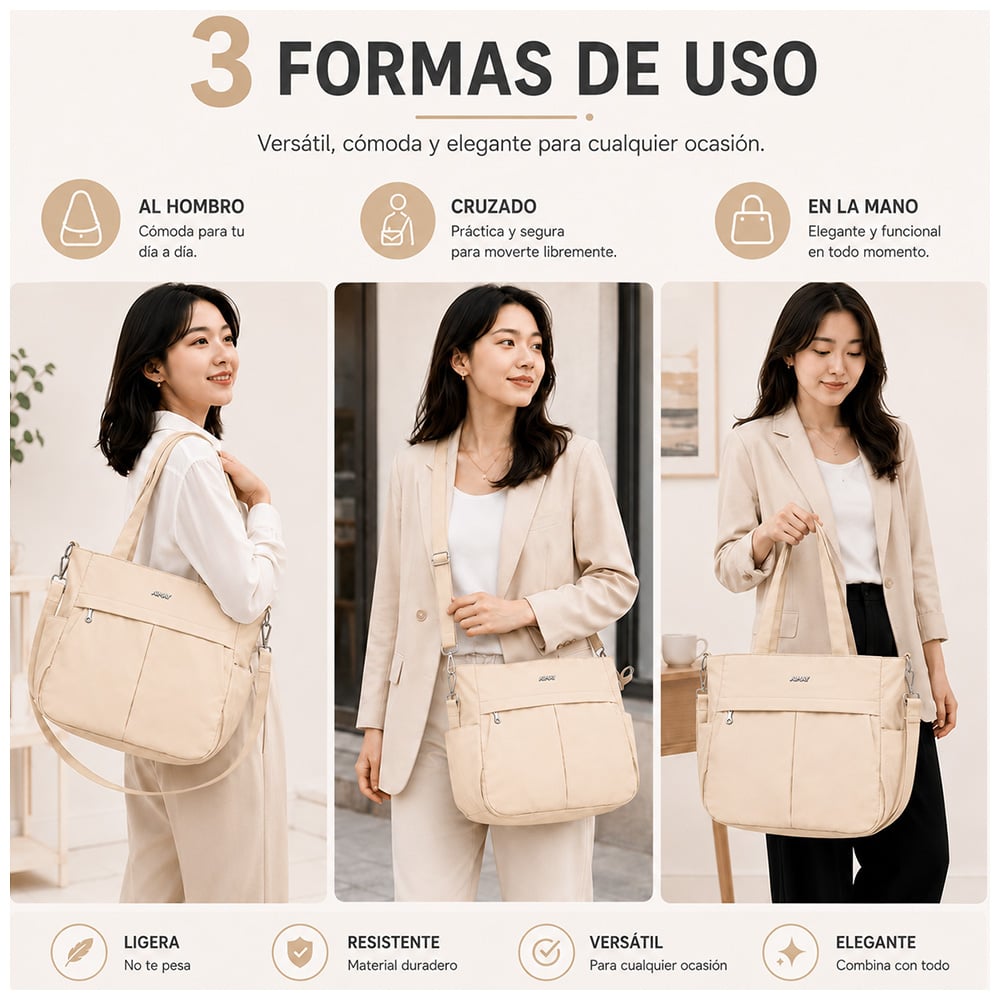 BOLSO PARA MUJER IMPERMEABLE CON GRAN CAPACIDAD Y CORREA AJUSTABLE CREMA CT2 - 3