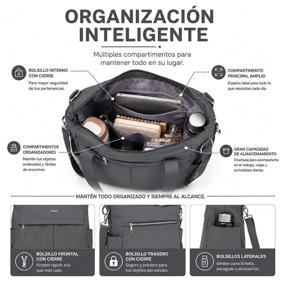 BOLSO PARA MUJER IMPERMEABLE CON GRAN CAPACIDAD Y CORREA AJUSTABLE PLOMO CT2 - 2