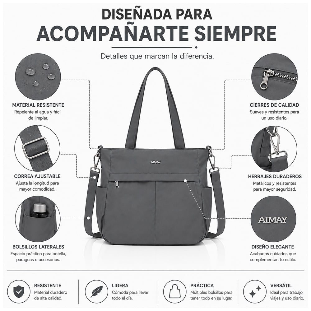 BOLSO PARA MUJER IMPERMEABLE CON GRAN CAPACIDAD Y CORREA AJUSTABLE PLOMO CT2 - 4