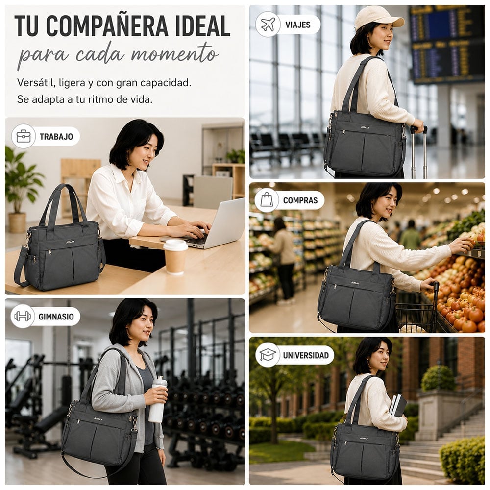 BOLSO PARA MUJER IMPERMEABLE CON GRAN CAPACIDAD Y CORREA AJUSTABLE PLOMO CT2 - 5