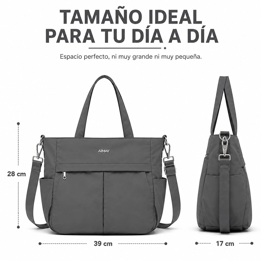 BOLSO PARA MUJER IMPERMEABLE CON GRAN CAPACIDAD Y CORREA AJUSTABLE PLOMO CT2 - 6