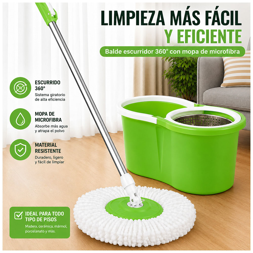 TRAPEADOR CON ESCURRIDOR GIRATORIO AUTOMÁTICO Y 2 MOPAS VERDE BY1 - 2