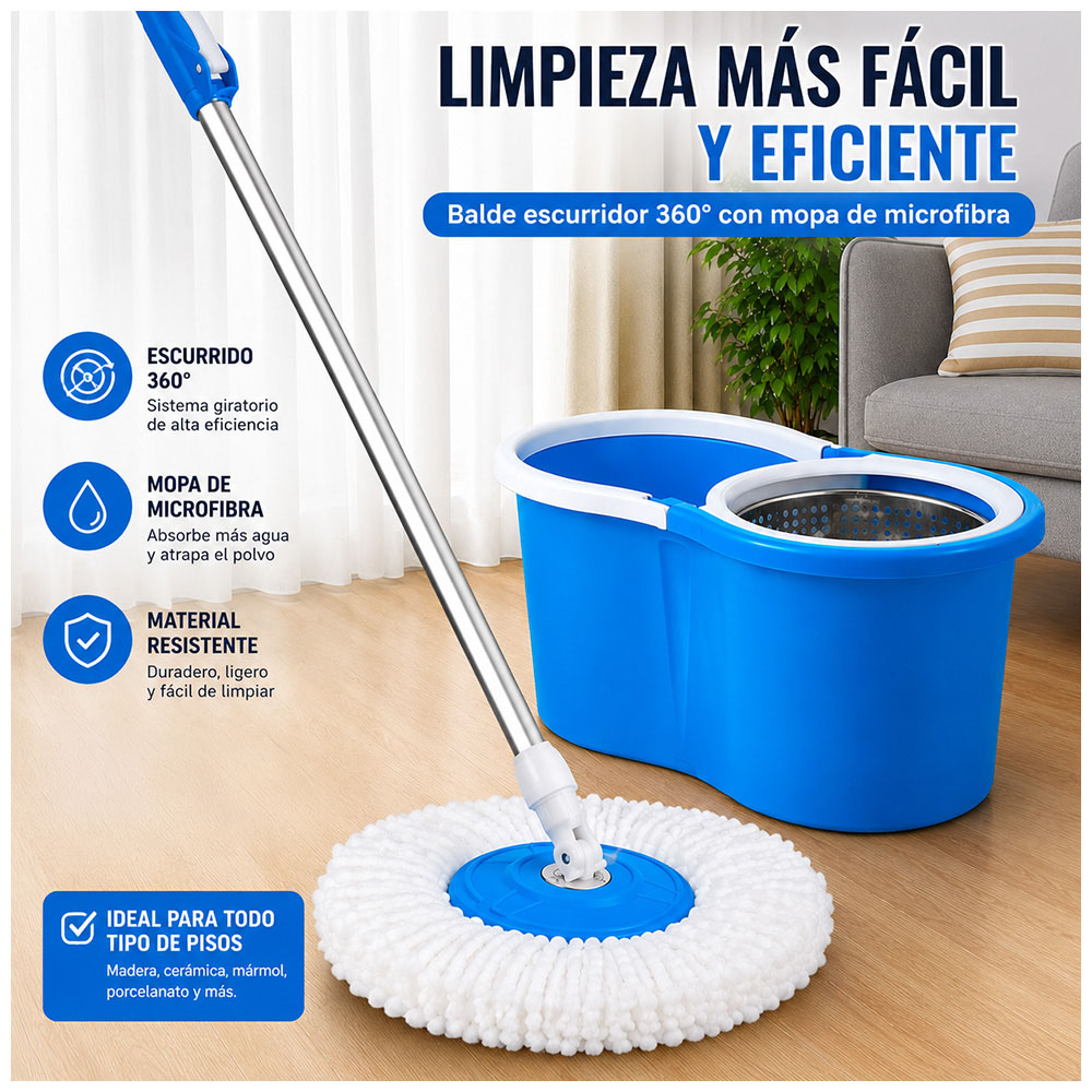 TRAPEADOR CON ESCURRIDOR GIRATORIO AUTOMÁTICO Y 2 MOPAS CELESTE BY1 - 2