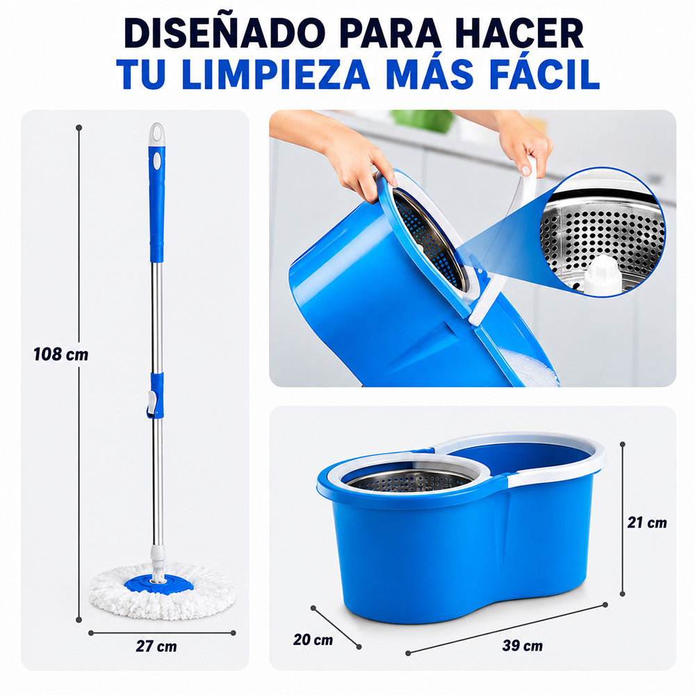 TRAPEADOR CON ESCURRIDOR GIRATORIO AUTOMÁTICO Y 2 MOPAS CELESTE BY1 - 5