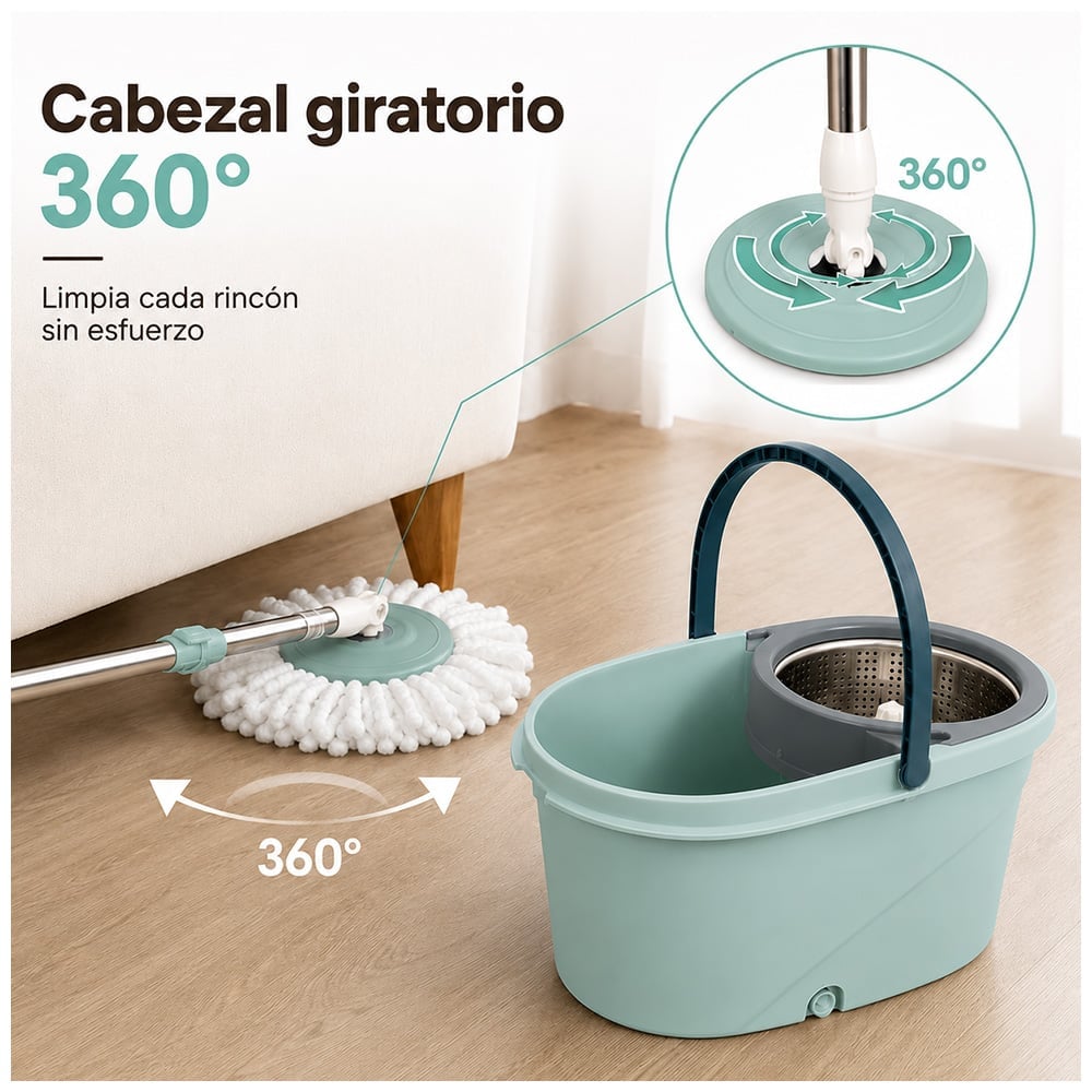 TRAPEADOR PREMIUM CON ESCURRIDOR GIRATORIO AUTOMÁTICO Y 3 MOPAS VERDE - 2