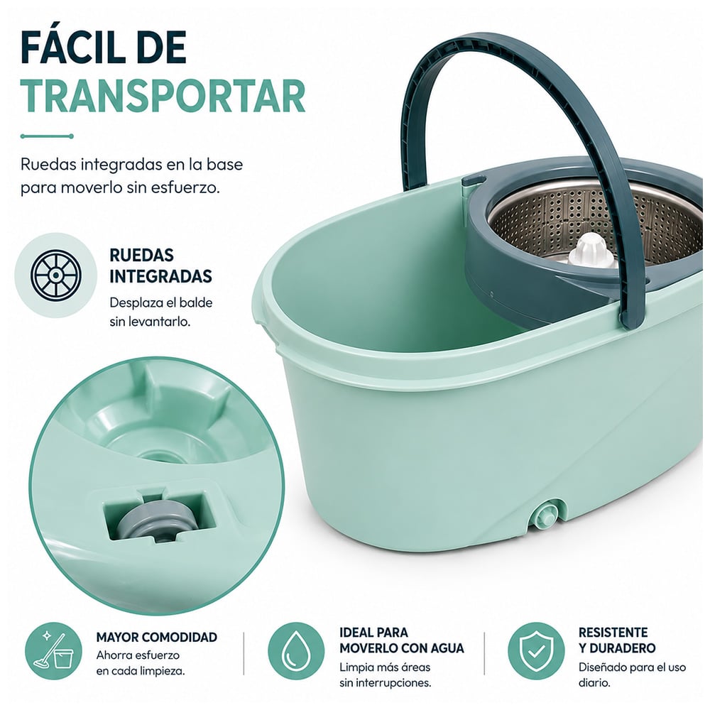 TRAPEADOR PREMIUM CON ESCURRIDOR GIRATORIO AUTOMÁTICO Y 3 MOPAS VERDE - 5