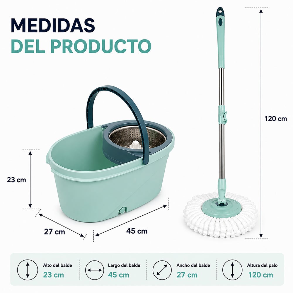TRAPEADOR PREMIUM CON ESCURRIDOR GIRATORIO AUTOMÁTICO Y 3 MOPAS VERDE - 6