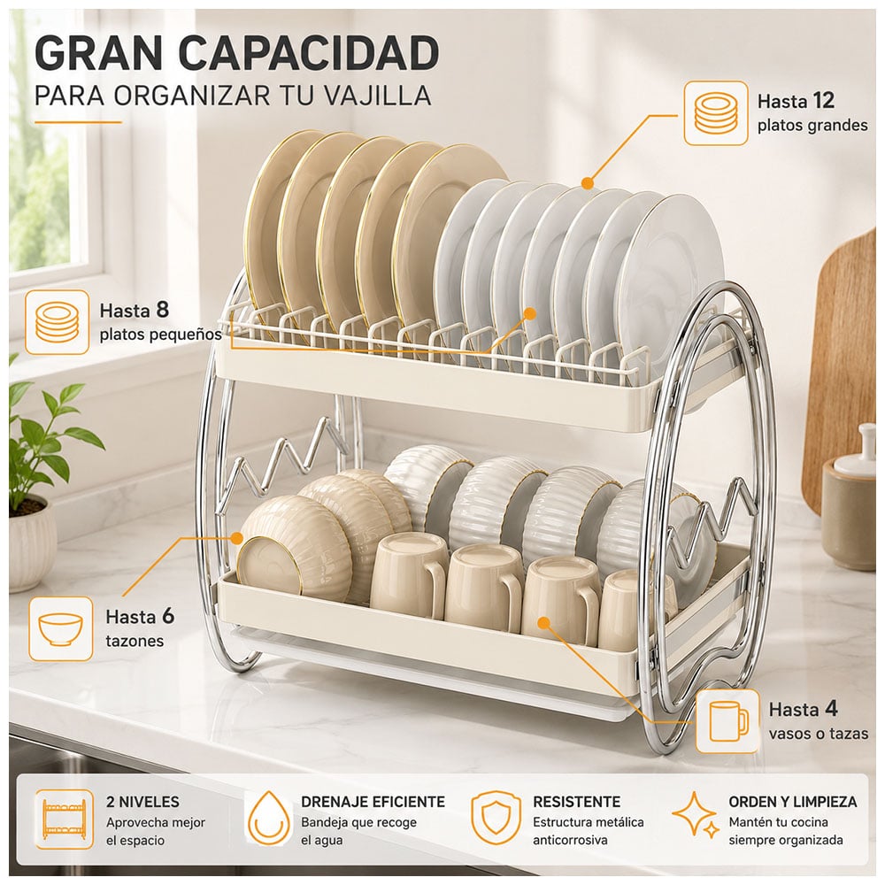 ESCURRIDOR DE PLATOS 2 NIVELES CON BANDEJA DE DRENAJE ELEGANTE A22 - 2