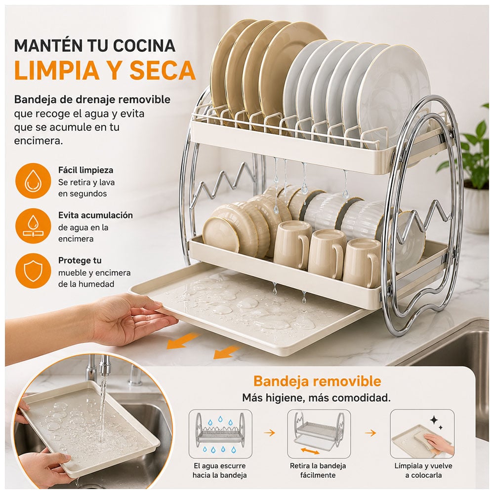 ESCURRIDOR DE PLATOS 2 NIVELES CON BANDEJA DE DRENAJE ELEGANTE A22 - 3