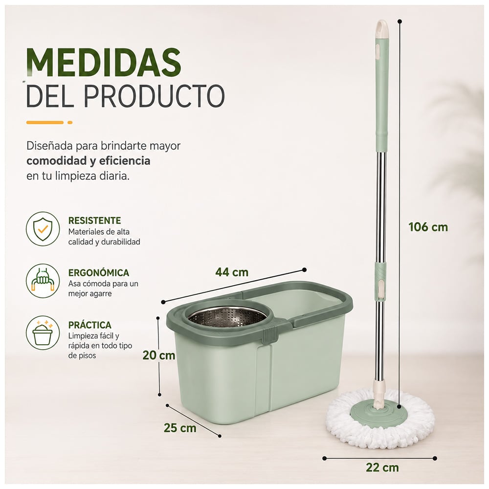TRAPEADOR CUADRADO CON ESCURRIDOR GIRATORIO Y MOPA DE REGALO VERDE HH2 - 6