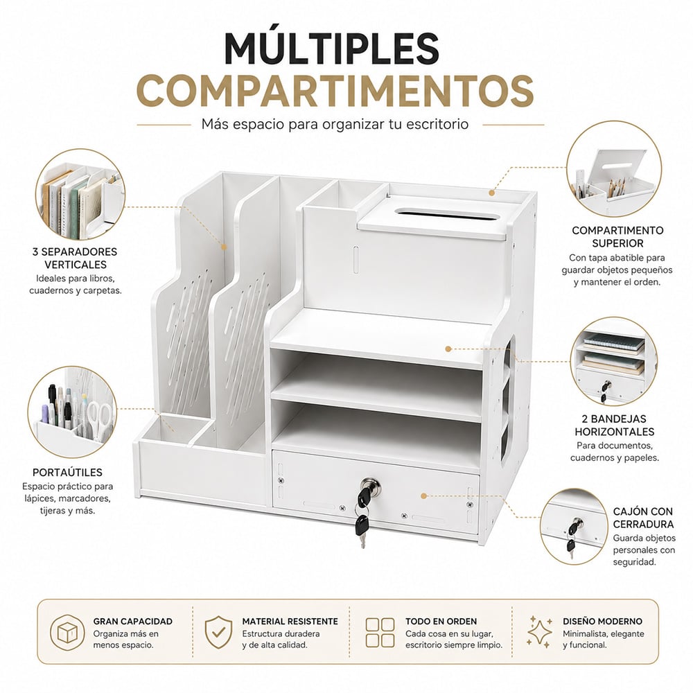 ORGANIZADOR DE ESCRITORIO MULTIFUNCIONAL CON CAJÓN CON LLAVE G87 - 3