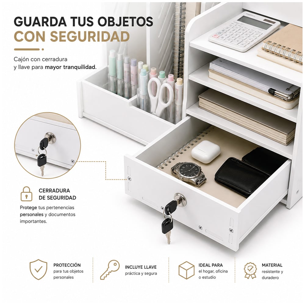 ORGANIZADOR DE ESCRITORIO MULTIFUNCIONAL CON CAJÓN CON LLAVE G87 - 4