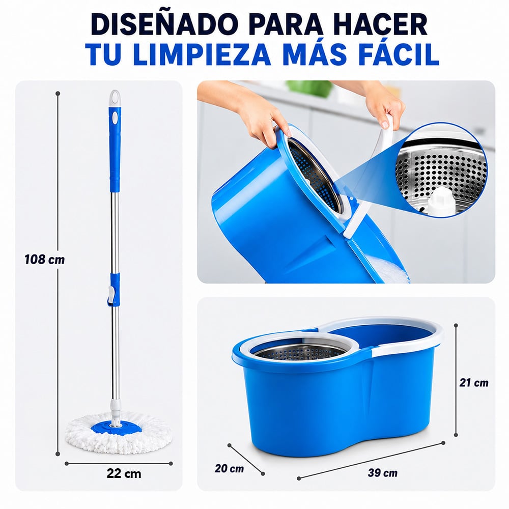 TRAPEADOR CON ESCURRIDOR GIRATORIO AUTOMÁTICO Y 1 MOPA CELESTE BY1 - 5