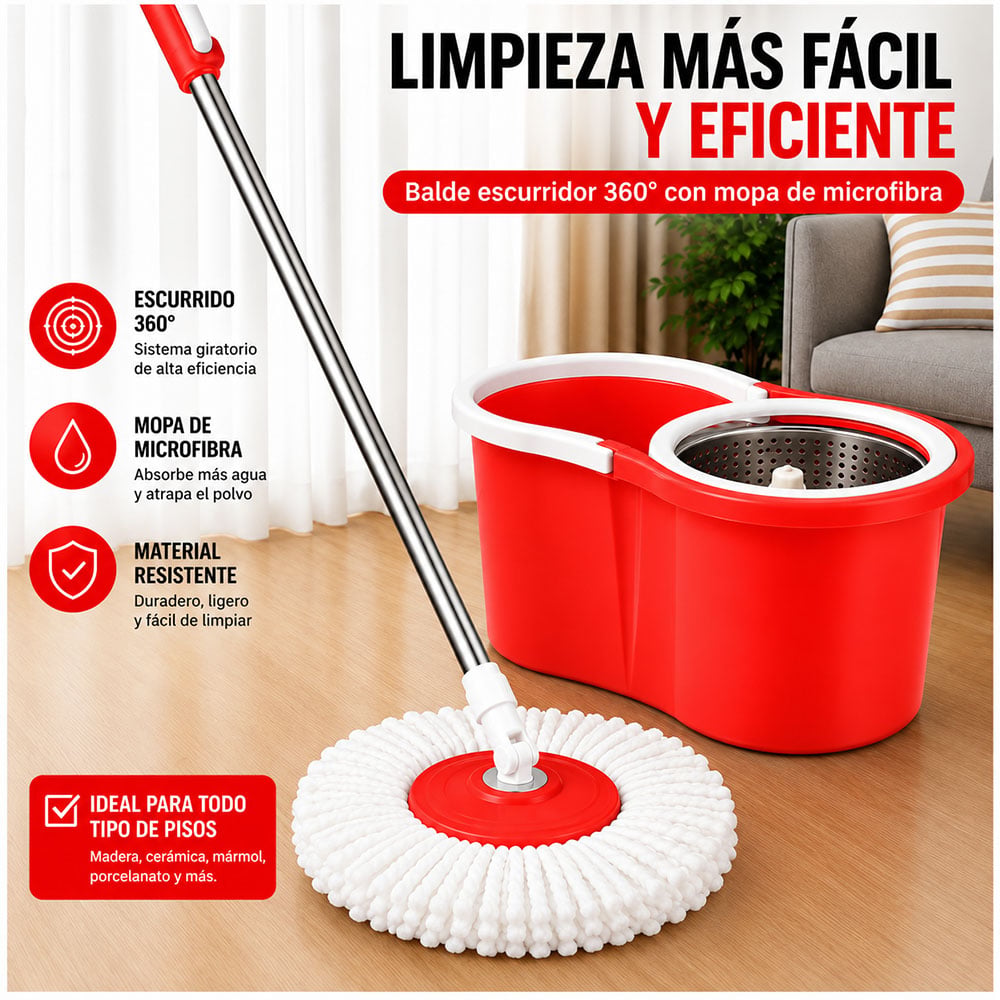 TRAPEADOR CON ESCURRIDOR GIRATORIO AUTOMÁTICO Y 1 MOPA ROJO BY1 - 2