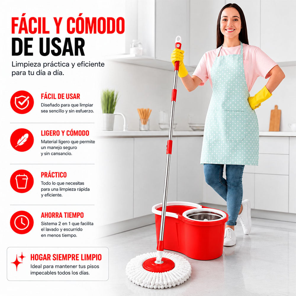 TRAPEADOR CON ESCURRIDOR GIRATORIO AUTOMÁTICO Y 1 MOPA ROJO BY1 - 3