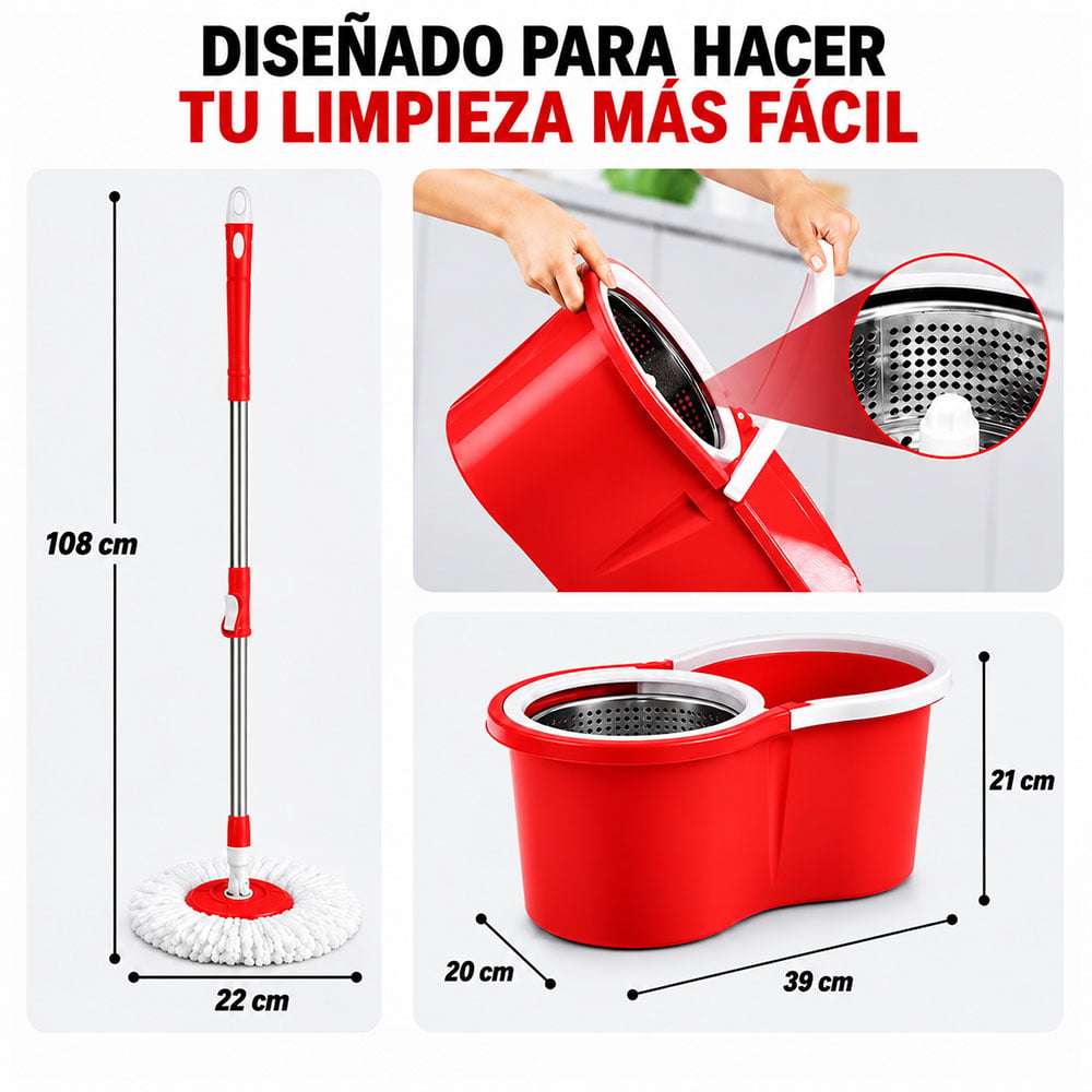 TRAPEADOR CON ESCURRIDOR GIRATORIO AUTOMÁTICO Y 1 MOPA ROJO BY1 - 5
