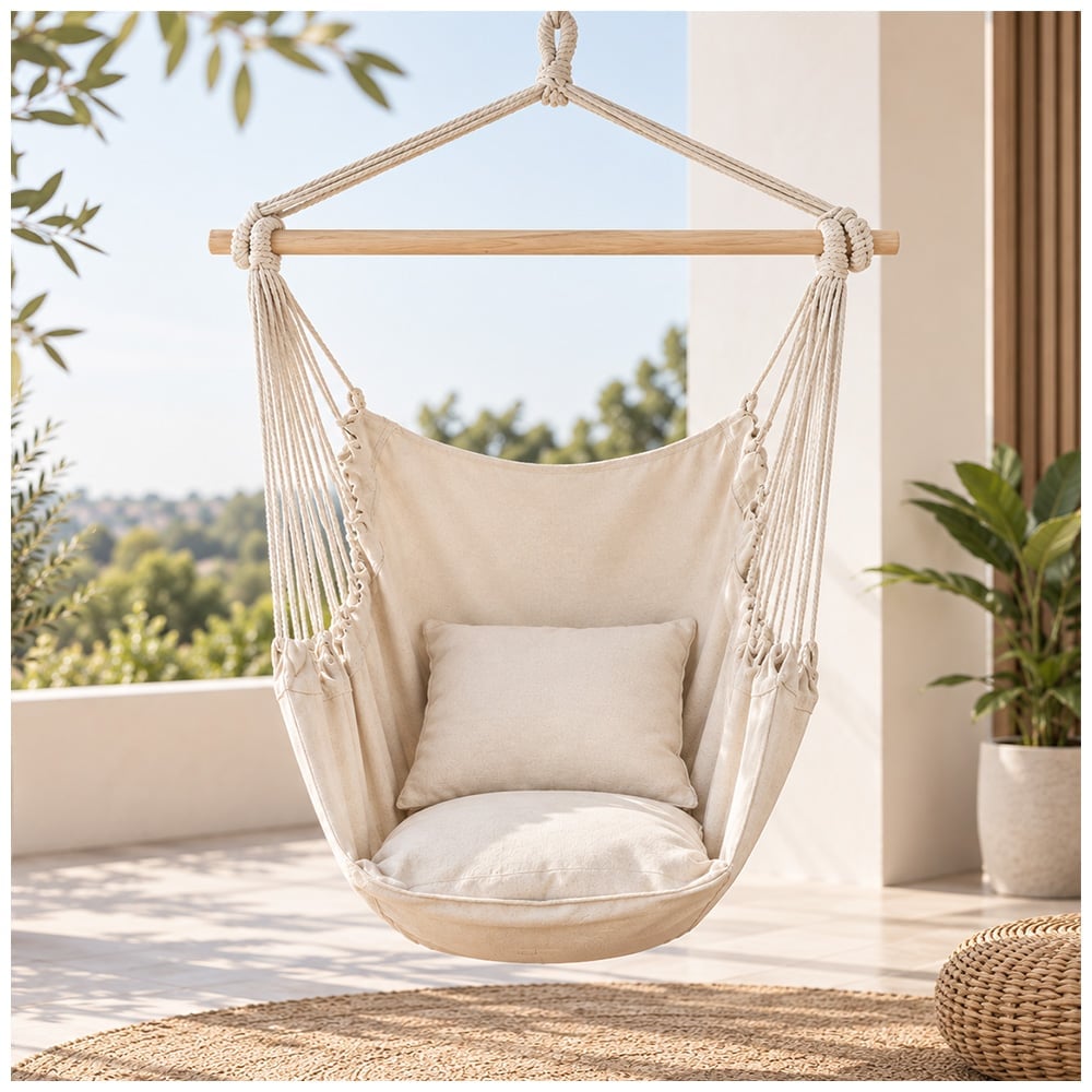 HAMACA SILLA COLGANTE PORTÁTIL CON COJINES BEIGE LJ4 - 1