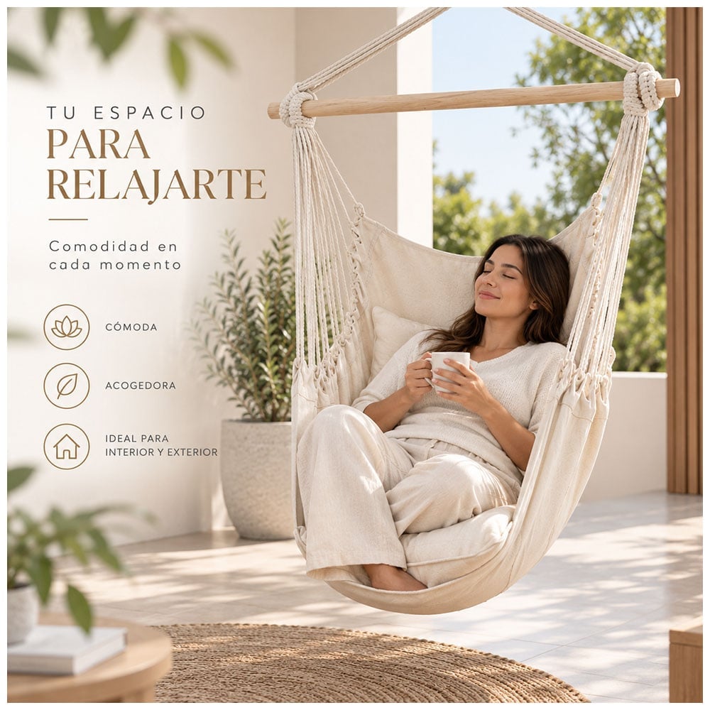 HAMACA SILLA COLGANTE PORTÁTIL CON COJINES BEIGE LJ4 - 2