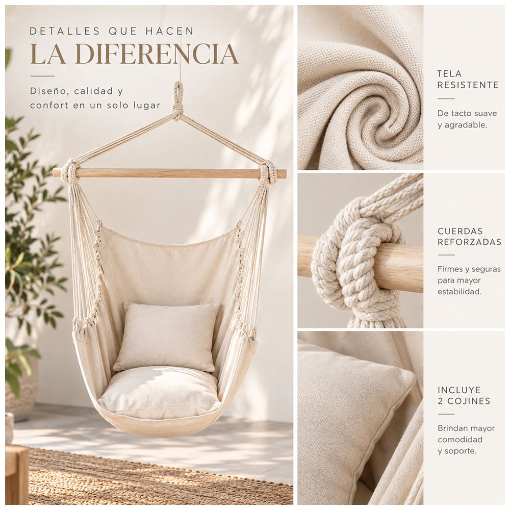 HAMACA SILLA COLGANTE PORTÁTIL CON COJINES BEIGE LJ4 - 3