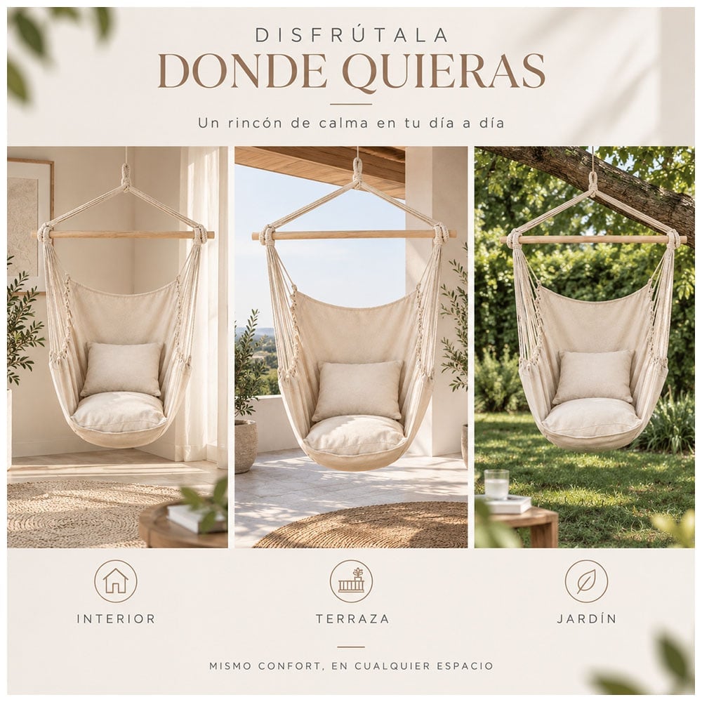 HAMACA SILLA COLGANTE PORTÁTIL CON COJINES BEIGE LJ4 - 4