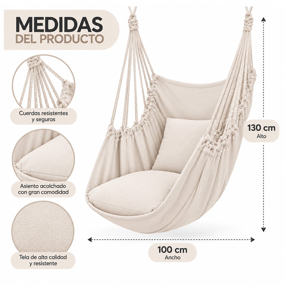 HAMACA SILLA COLGANTE PORTÁTIL CON COJINES BEIGE LJ4 - 6