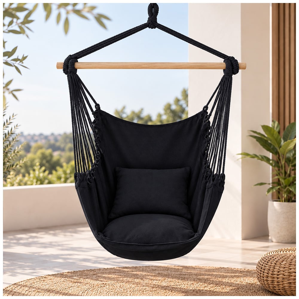 HAMACA SILLA COLGANTE PORTÁTIL CON COJINES NEGRO LJ4 - 1