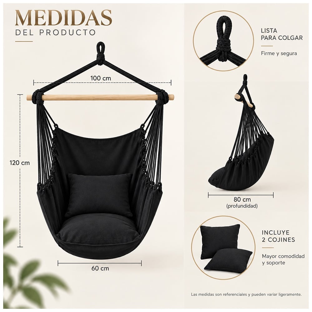 HAMACA SILLA COLGANTE PORTÁTIL CON COJINES NEGRO LJ4 - 5