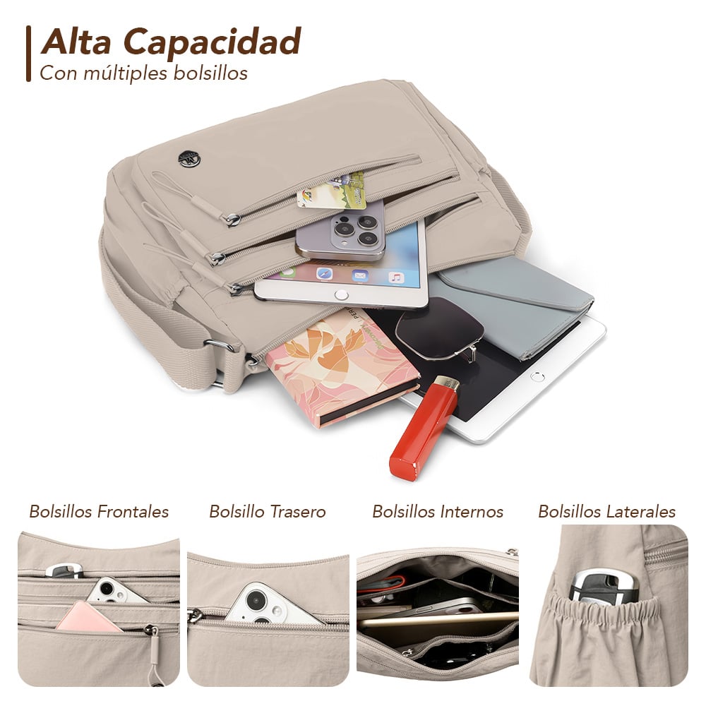 MORRAL PARA MUJER CON CORREA AJUSTABLE Y MÚLTIPLES BOLSILLOS CAMEL BP3 - 4