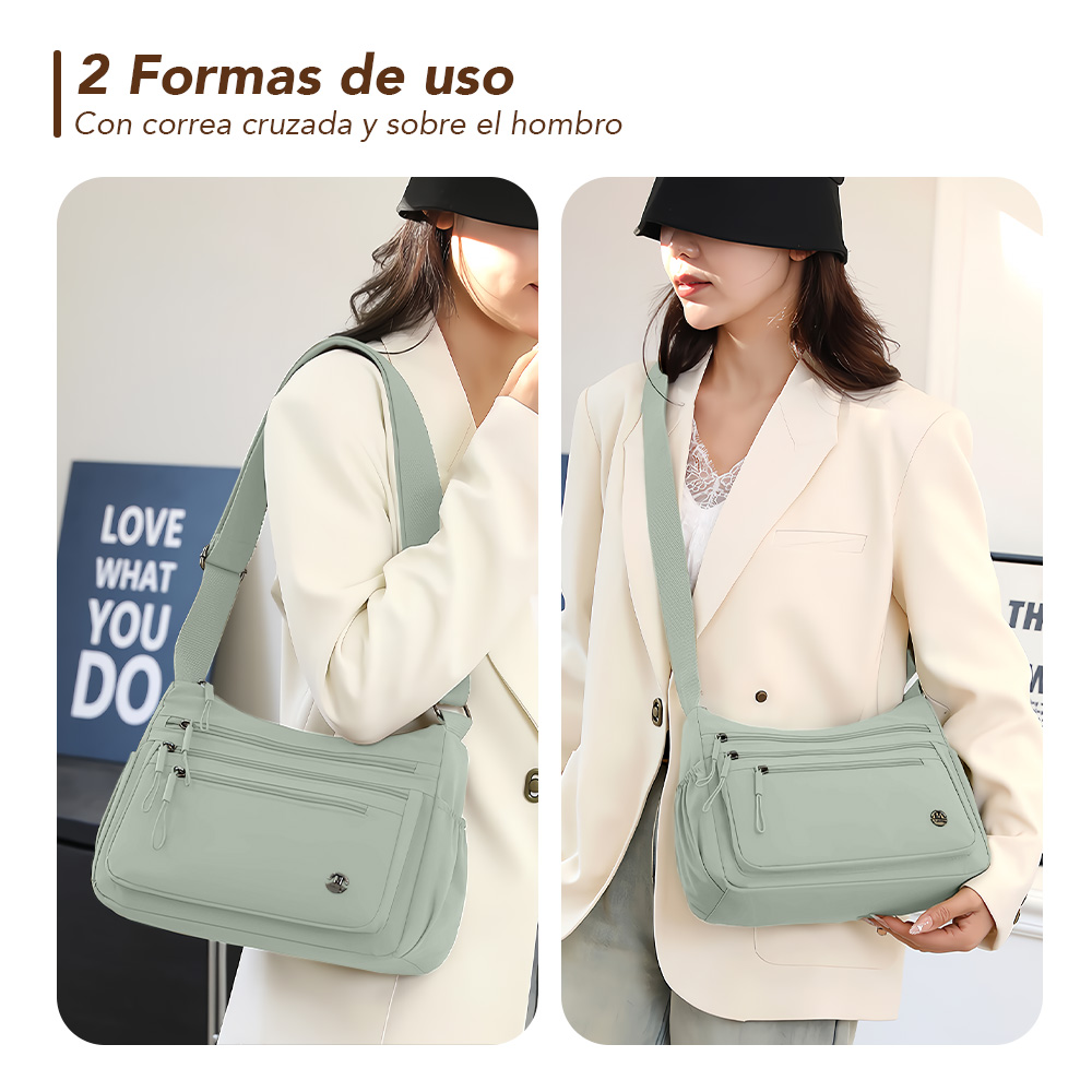 MORRAL PARA MUJER CON CORREA AJUSTABLE Y MÚLTIPLES BOLSILLOS VERDE BP3 - 3