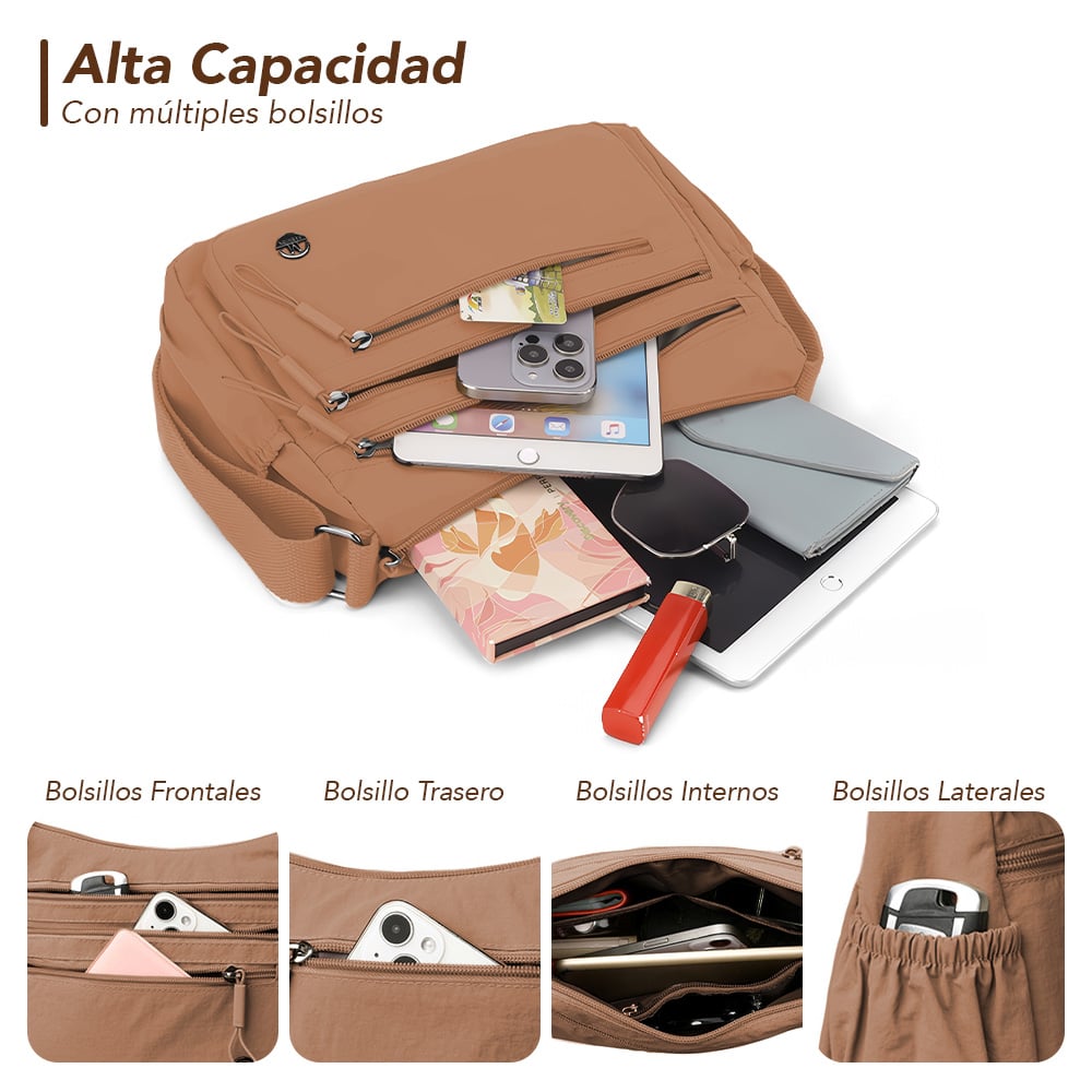 MORRAL PARA MUJER CON CORREA AJUSTABLE Y MÚLTIPLES BOLSILLOS MARRÓN BP3 - 4