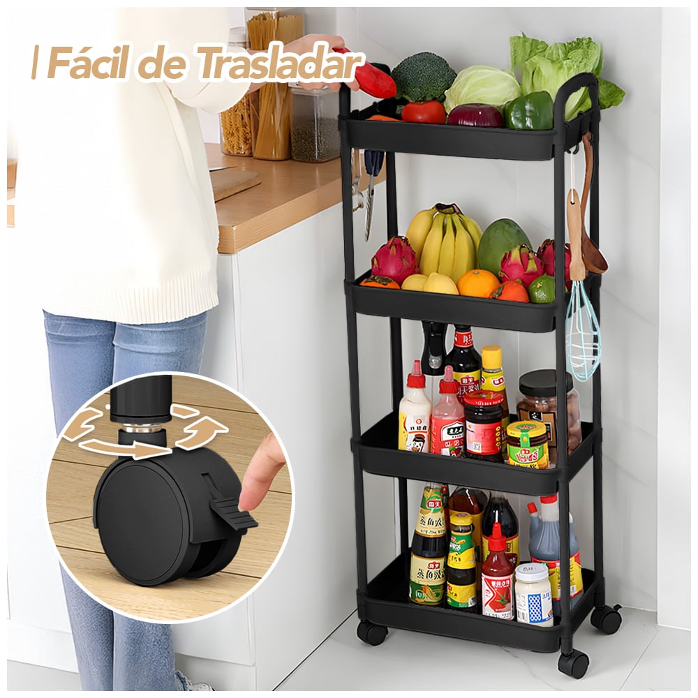 CARRITO ORGANIZADOR 4 NIVELES CON RUEDAS Y COLGADORES PARA COCINA NG C78 - 2