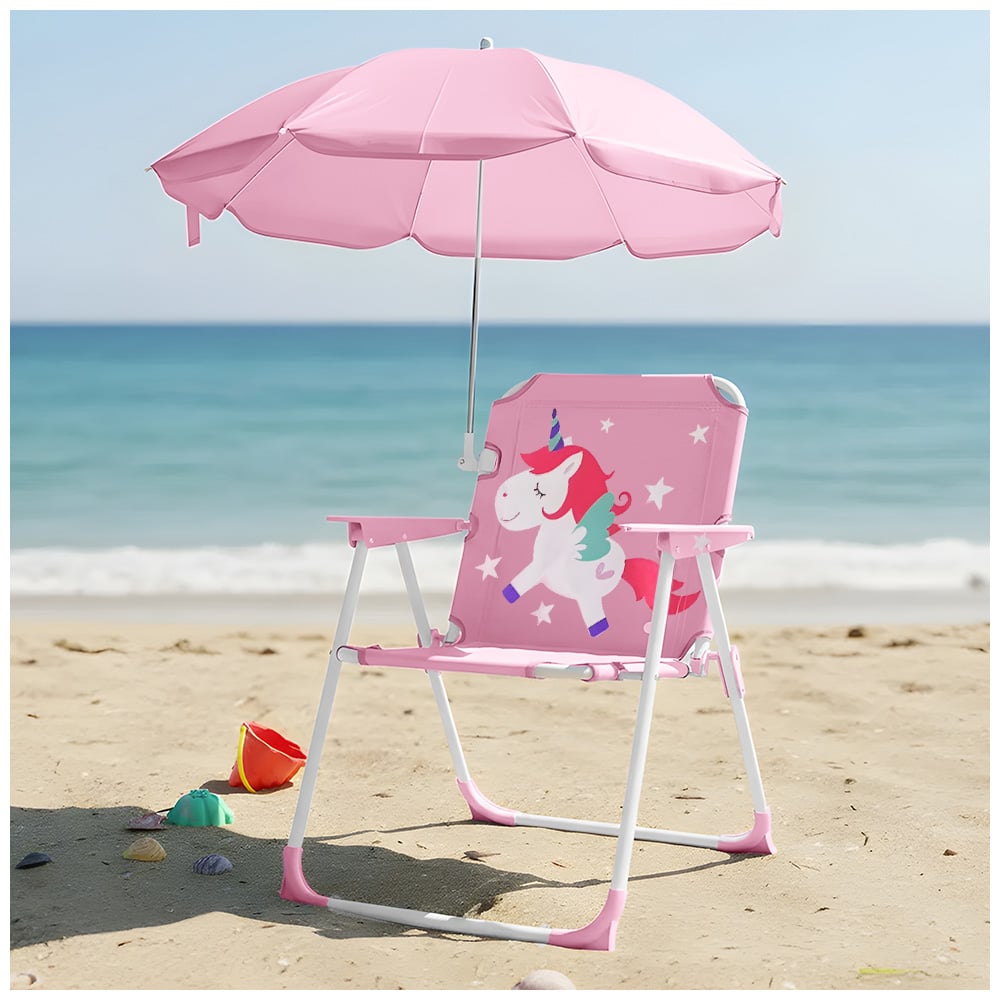 SILLA PARA NIÑOS PLEGABLE CON SOMBRILLA DISEÑO UNICORNIO ROSADO XC6 - 1