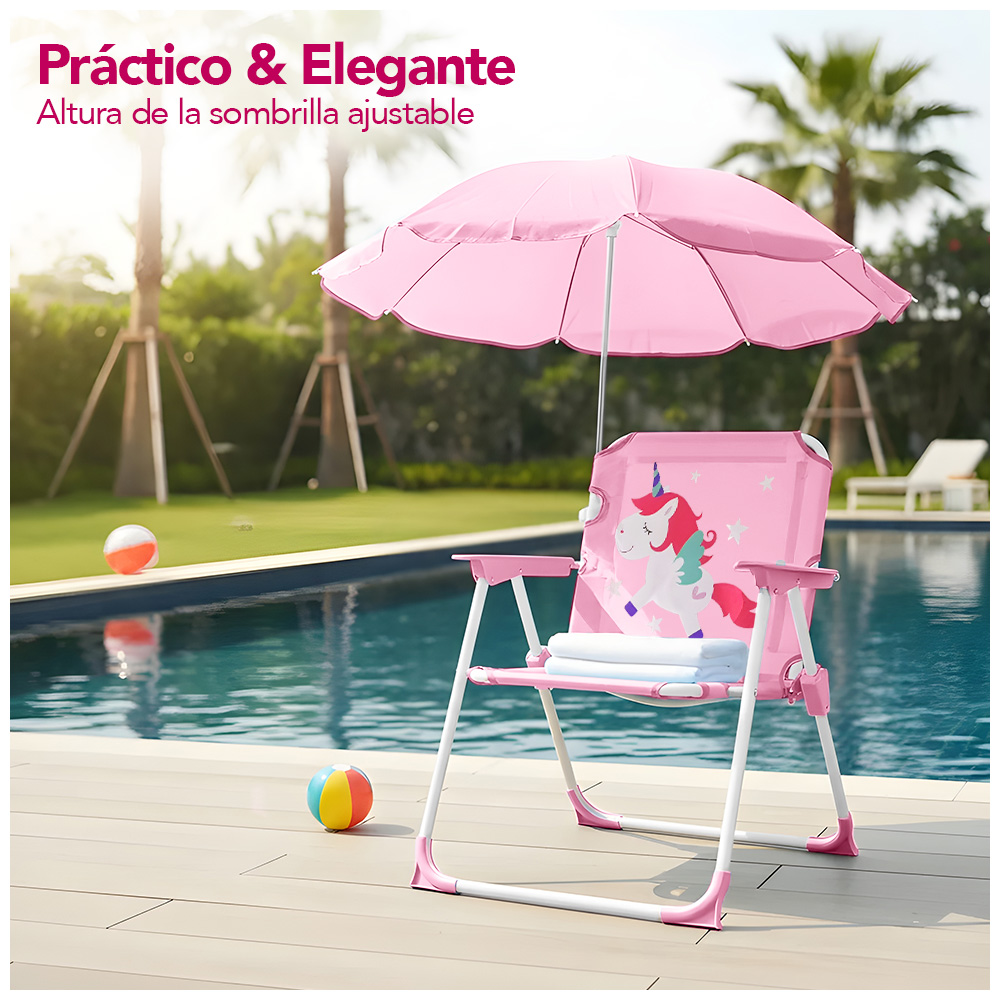 SILLA PARA NIÑOS PLEGABLE CON SOMBRILLA DISEÑO UNICORNIO ROSADO XC6 - 2