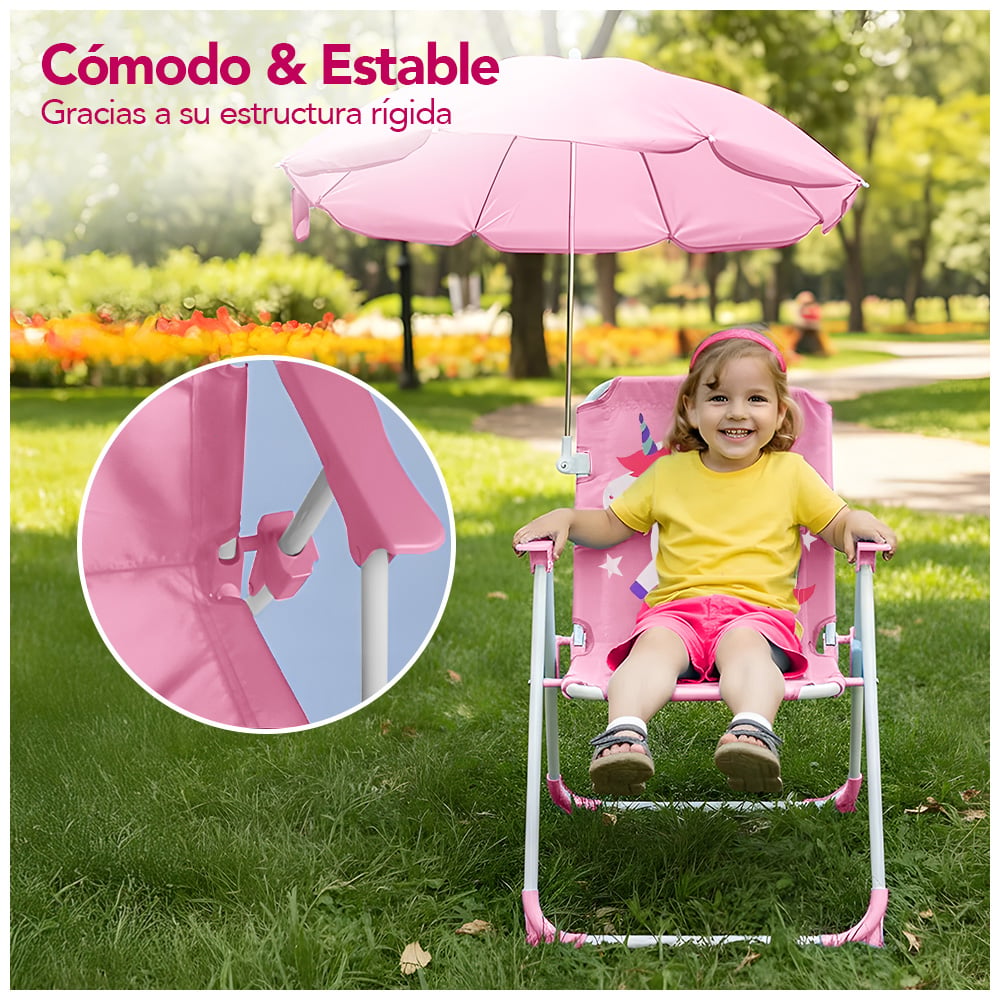 SILLA PARA NIÑOS PLEGABLE CON SOMBRILLA DISEÑO UNICORNIO ROSADO XC6 - 3