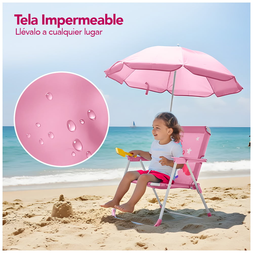 SILLA PARA NIÑOS PLEGABLE CON SOMBRILLA DISEÑO UNICORNIO ROSADO XC6 - 4
