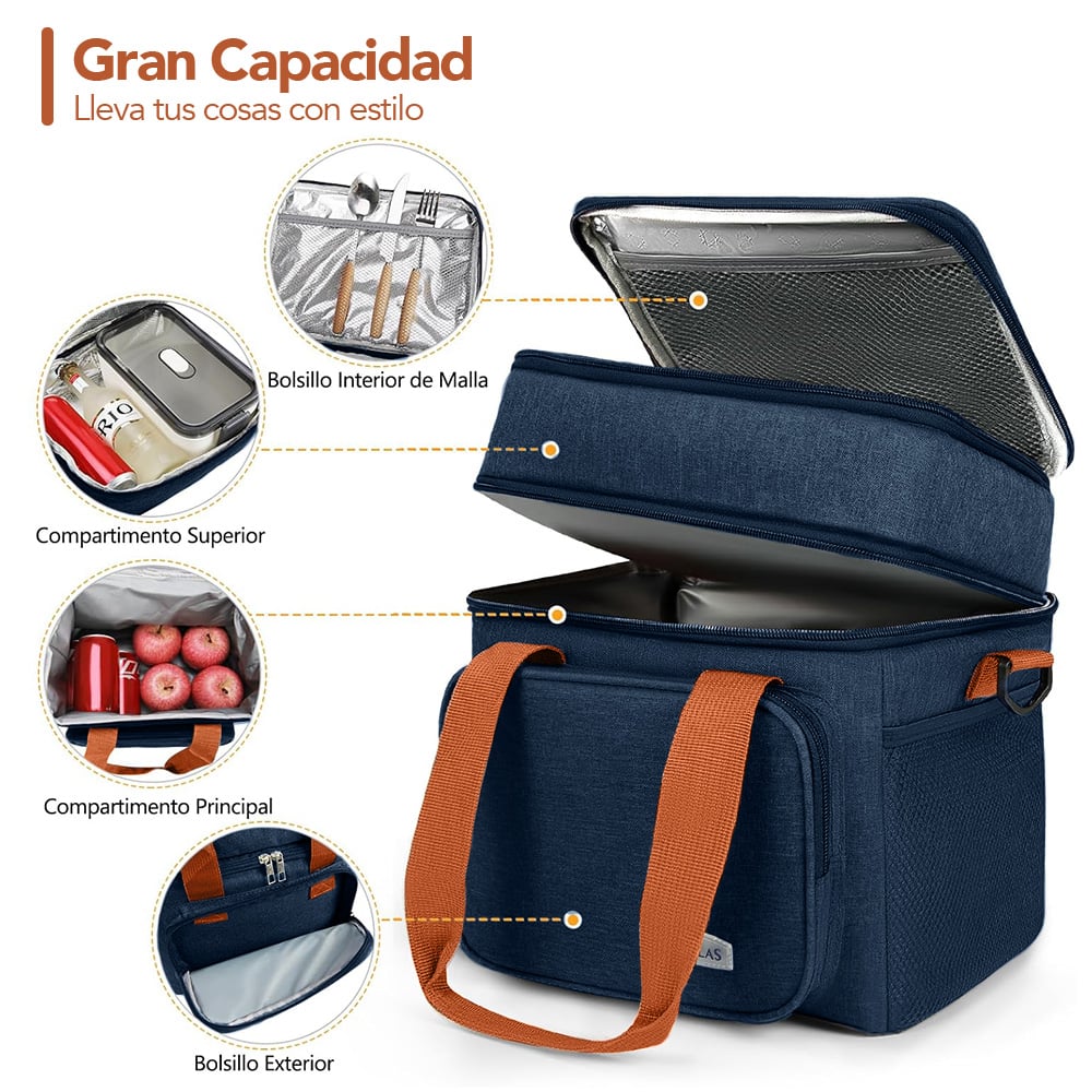LONCHERA TÉRMICA DOBLE COMPARTIMENTO IMPERMEABLE CON CORREA AJUSTABLE AZUL YG4 - 2