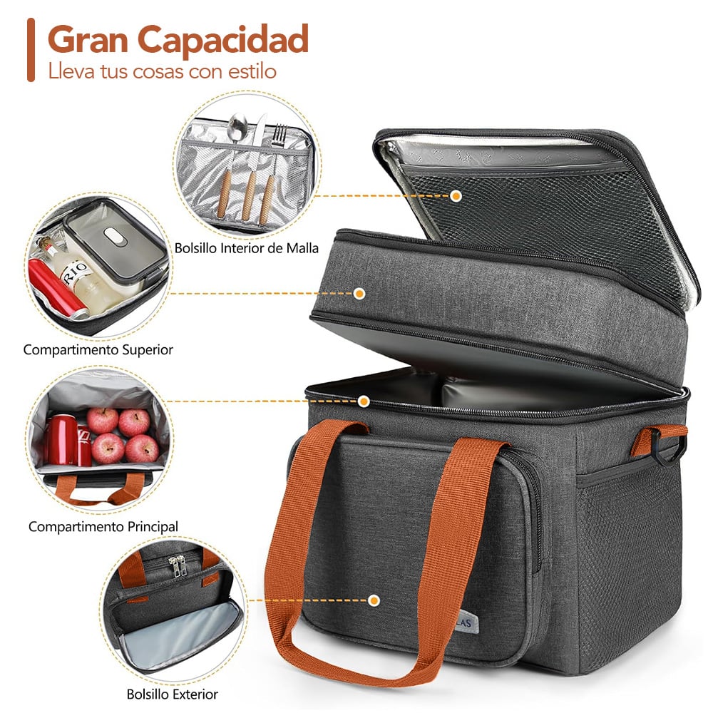 LONCHERA TÉRMICA DOBLE COMPARTIMENTO IMPERMEABLE CON CORREA AJUSTABLE PLOMO YG4 - 2