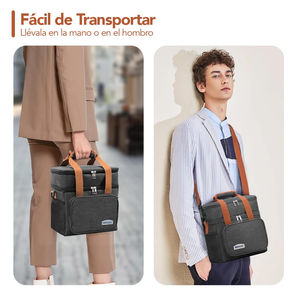 LONCHERA TÉRMICA DOBLE COMPARTIMENTO IMPERMEABLE CON CORREA AJUSTABLE PLOMO YG4 - 3