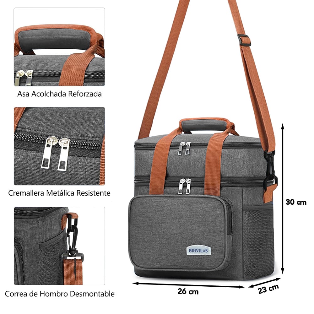 LONCHERA TÉRMICA DOBLE COMPARTIMENTO IMPERMEABLE CON CORREA AJUSTABLE PLOMO YG4 - 6