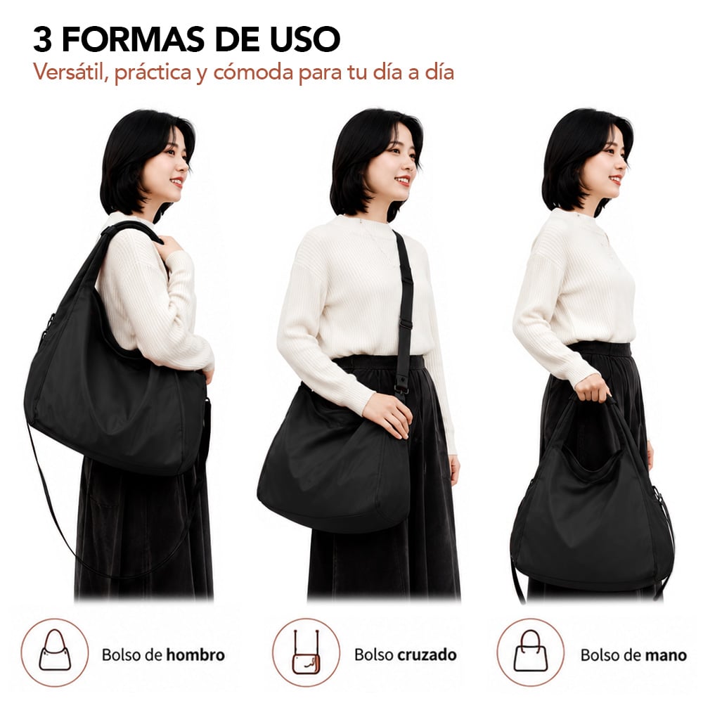 BOLSO PARA MUJER IMPERMEABLE CON GRAN CAPACIDAD Y CORREA AJUSTABLE NEGRO YW8 - 3