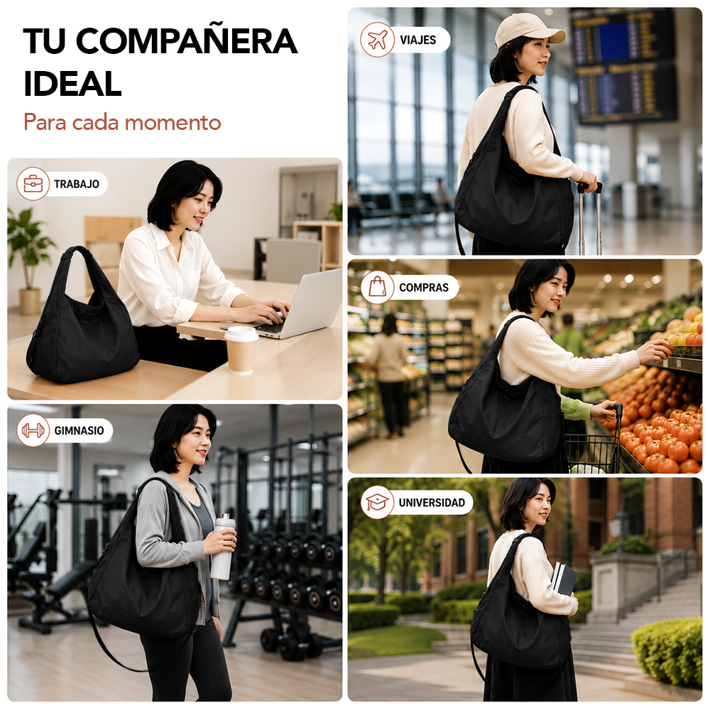 BOLSO PARA MUJER IMPERMEABLE CON GRAN CAPACIDAD Y CORREA AJUSTABLE NEGRO YW8 - 5