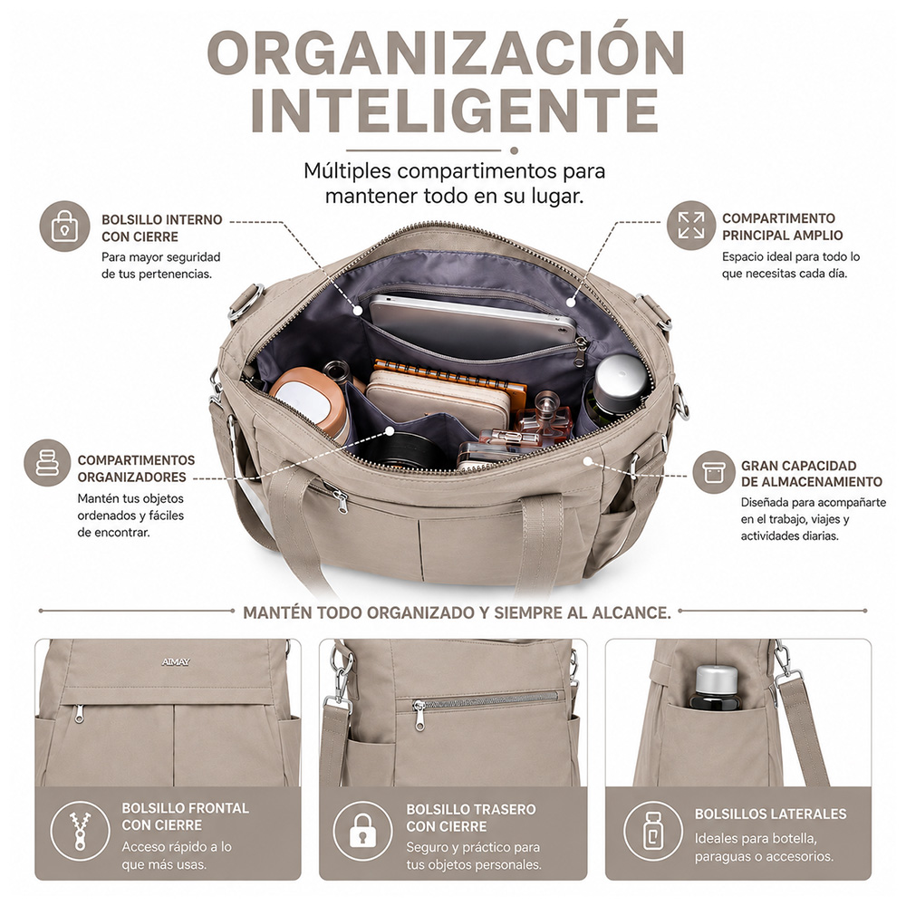BOLSO PARA MUJER IMPERMEABLE CON GRAN CAPACIDAD Y CORREA AJUSTABLE BEIGE CT2 - 2