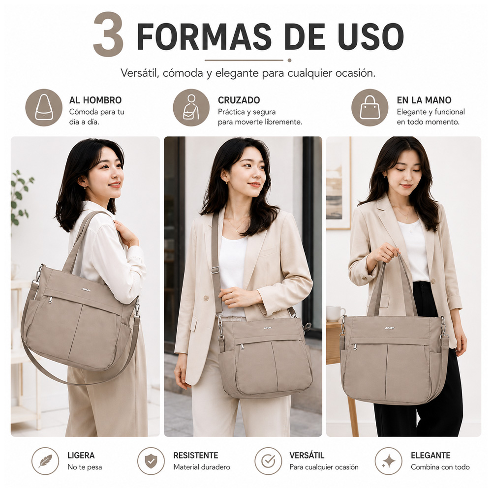BOLSO PARA MUJER IMPERMEABLE CON GRAN CAPACIDAD Y CORREA AJUSTABLE BEIGE CT2 - 3