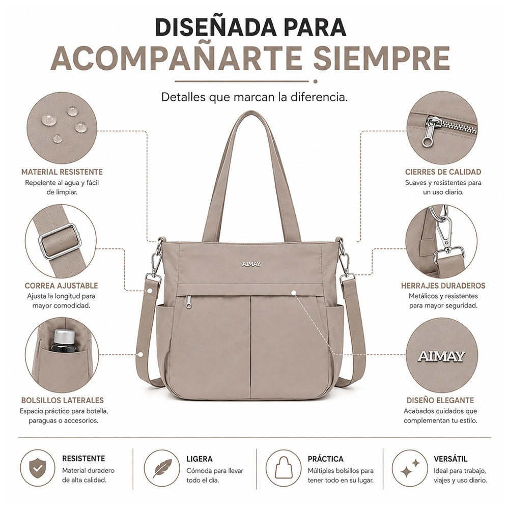 BOLSO PARA MUJER IMPERMEABLE CON GRAN CAPACIDAD Y CORREA AJUSTABLE BEIGE CT2 - 4