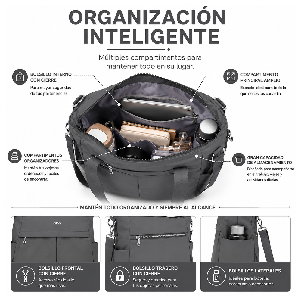 BOLSO PARA MUJER IMPERMEABLE CON GRAN CAPACIDAD Y CORREA AJUSTABLE PLOMO CT2 - 2