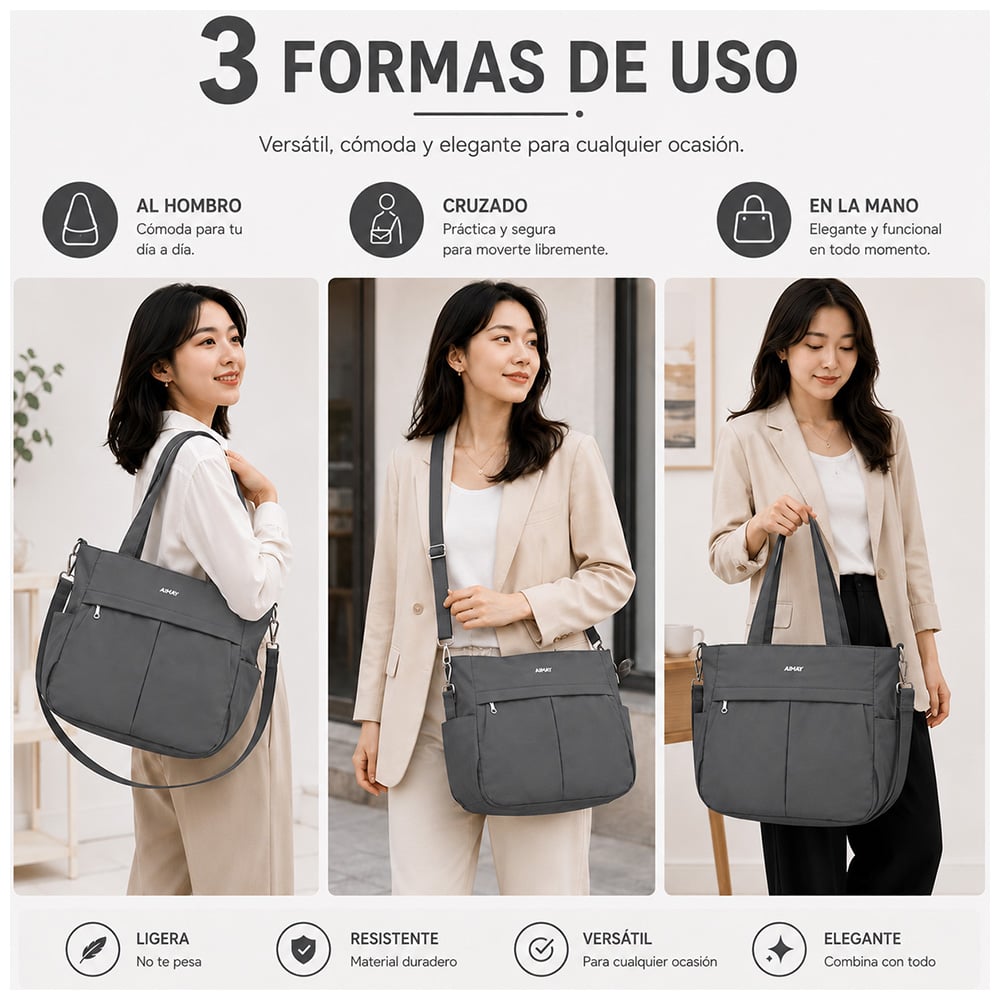 BOLSO PARA MUJER IMPERMEABLE CON GRAN CAPACIDAD Y CORREA AJUSTABLE PLOMO CT2 - 3