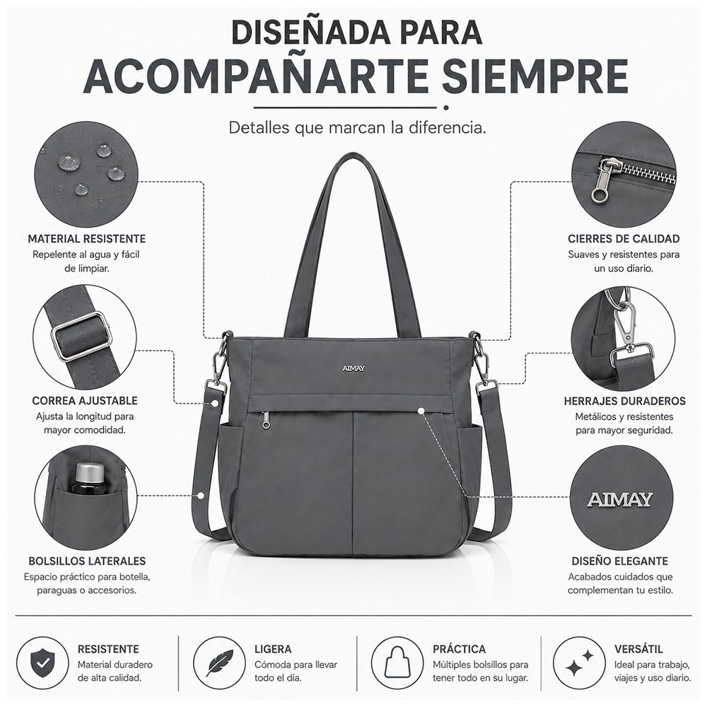 BOLSO PARA MUJER IMPERMEABLE CON GRAN CAPACIDAD Y CORREA AJUSTABLE PLOMO CT2 - 4