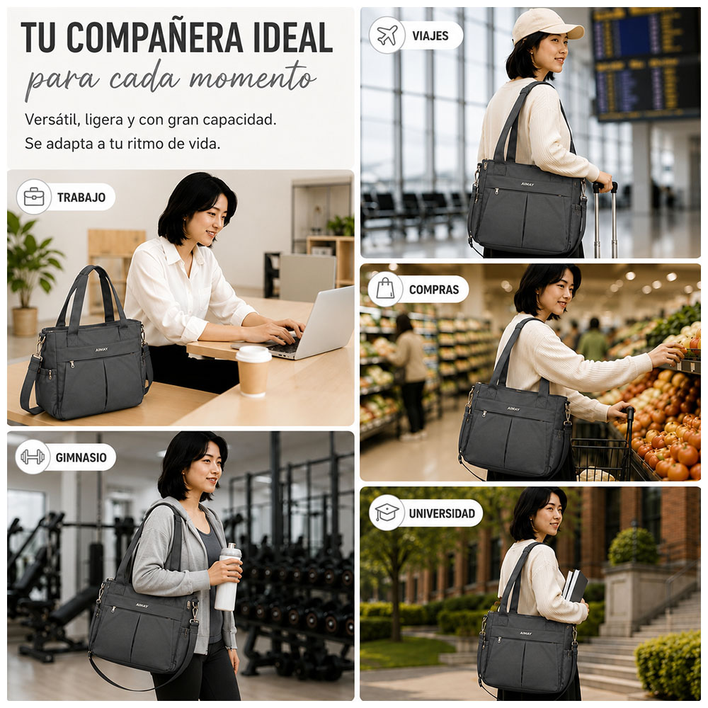 BOLSO PARA MUJER IMPERMEABLE CON GRAN CAPACIDAD Y CORREA AJUSTABLE PLOMO CT2 - 5